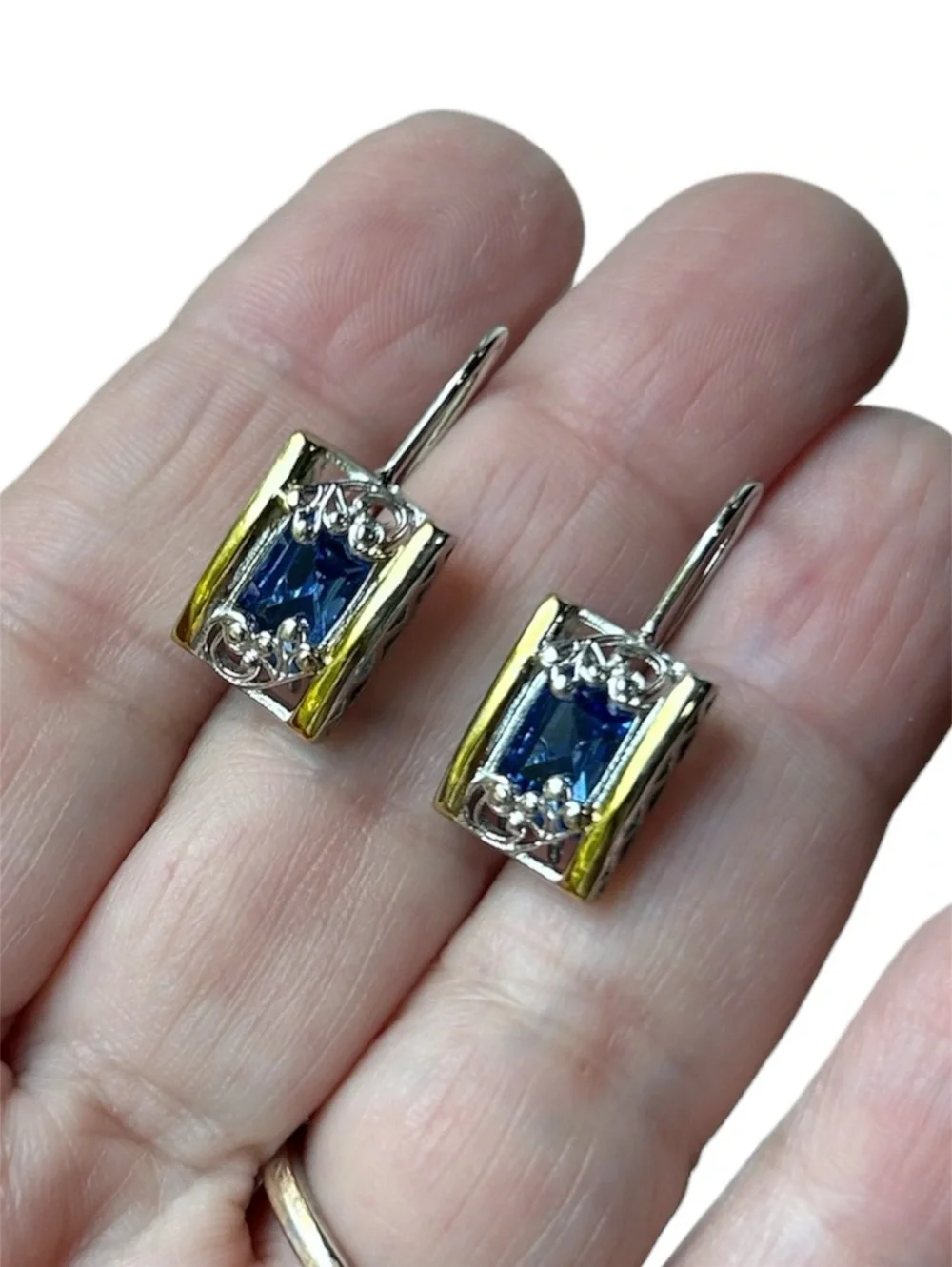 New .925 Silver & 18K Gold and Sapphire Earrings